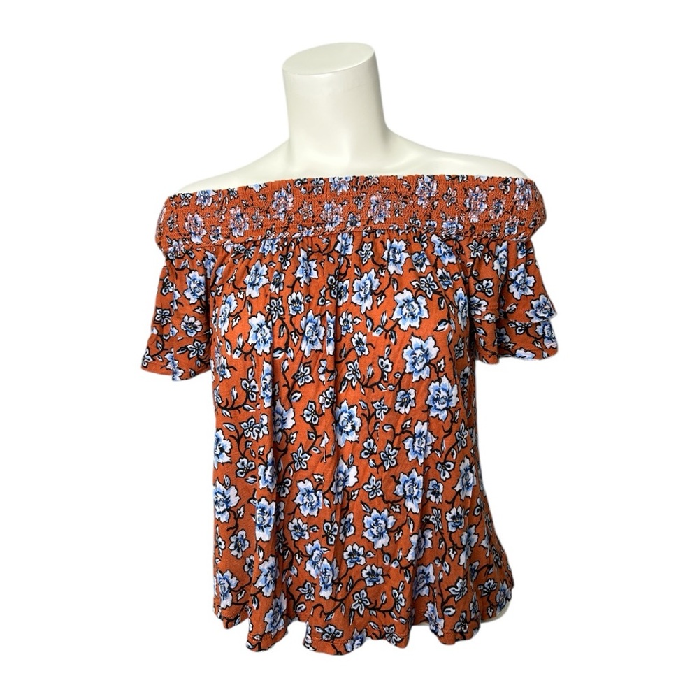 American Rag Rust Blue Floral Off‎ Shoulder Top Soft Keyhole Back Sz XS